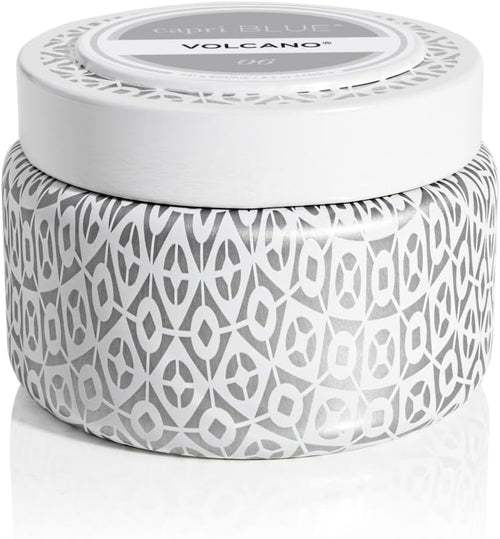 Capri Blue Volcano Printed Travel Tin Jar Candle - Luxury Candle with a Long Lasting Soy Wax Blend - Scented with Tropical & Fruity Fragrance (White Color, 8.5 Oz)