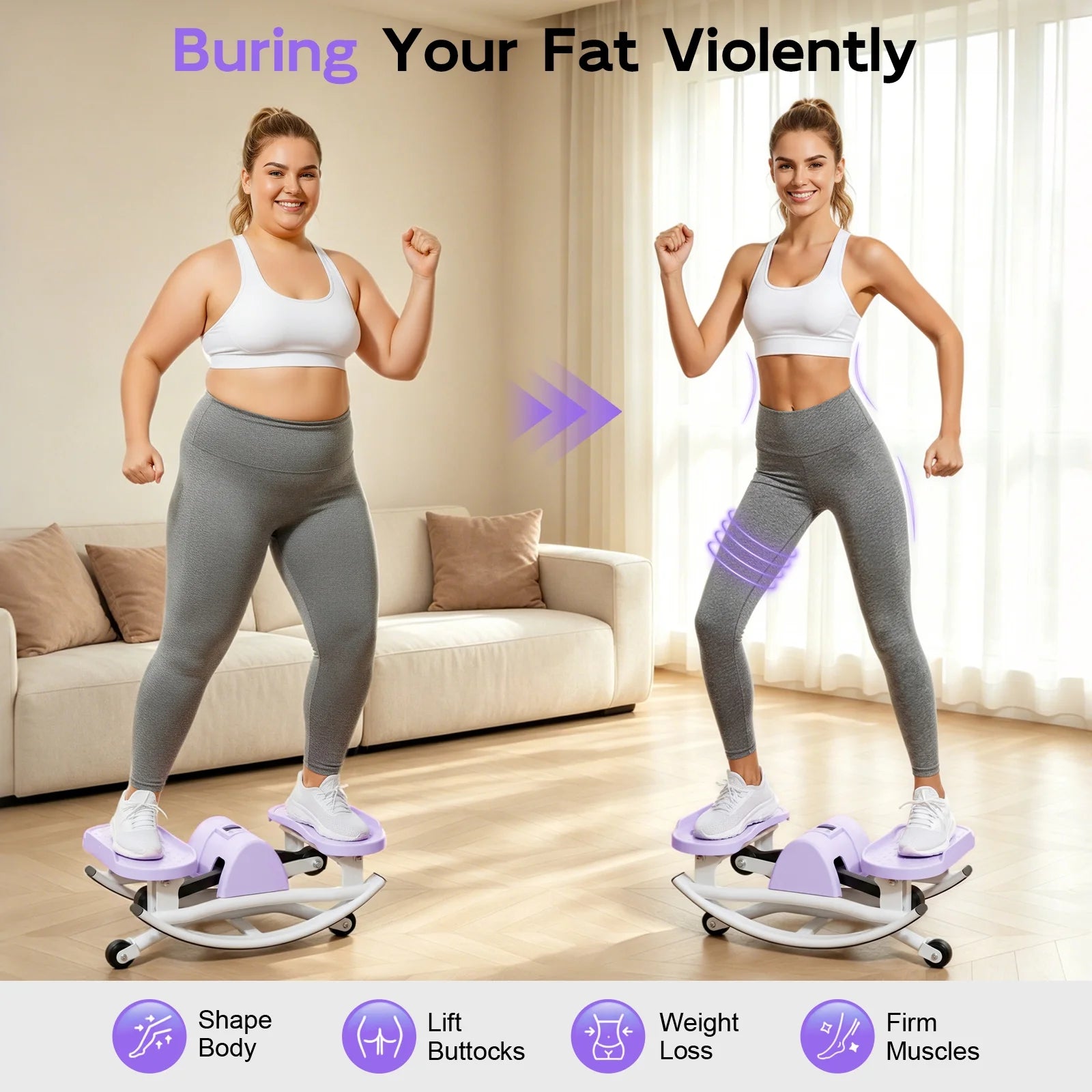 Smart Lateral Rocking Fitness Stepper, Low-Impact Portable Exercise Stepper ,Rock Stepper Machine with Digital Monitor, Resistance Bands & Floor Mat, Purple