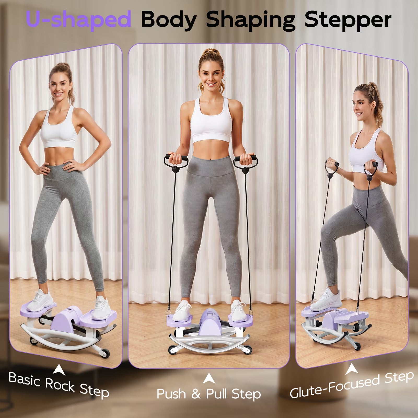 Smart Lateral Rocking Fitness Stepper, Low-Impact Portable Exercise Stepper ,Rock Stepper Machine with Digital Monitor, Resistance Bands & Floor Mat, Purple
