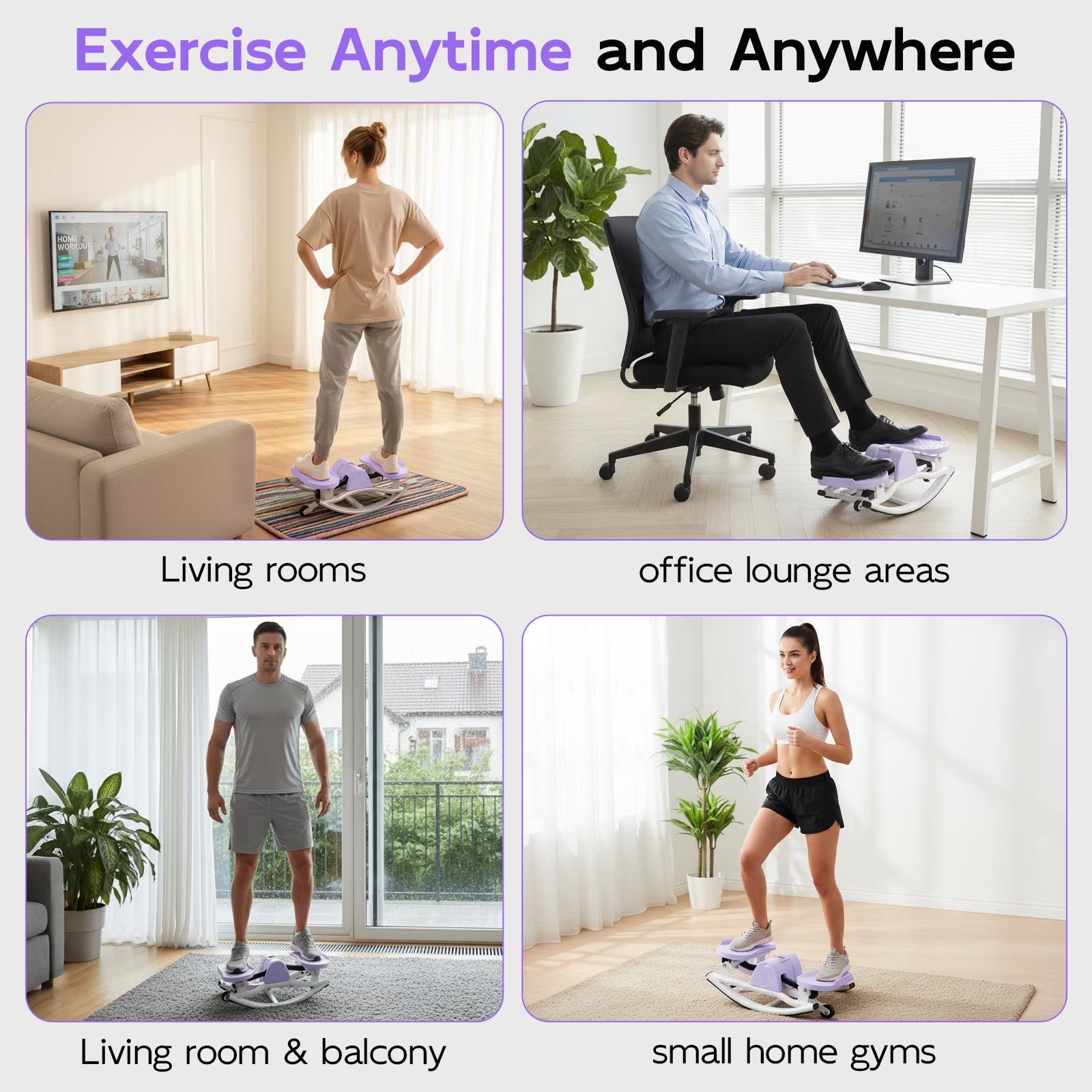 Smart Lateral Rocking Fitness Stepper, Low-Impact Portable Exercise Stepper ,Rock Stepper Machine with Digital Monitor, Resistance Bands & Floor Mat, Purple