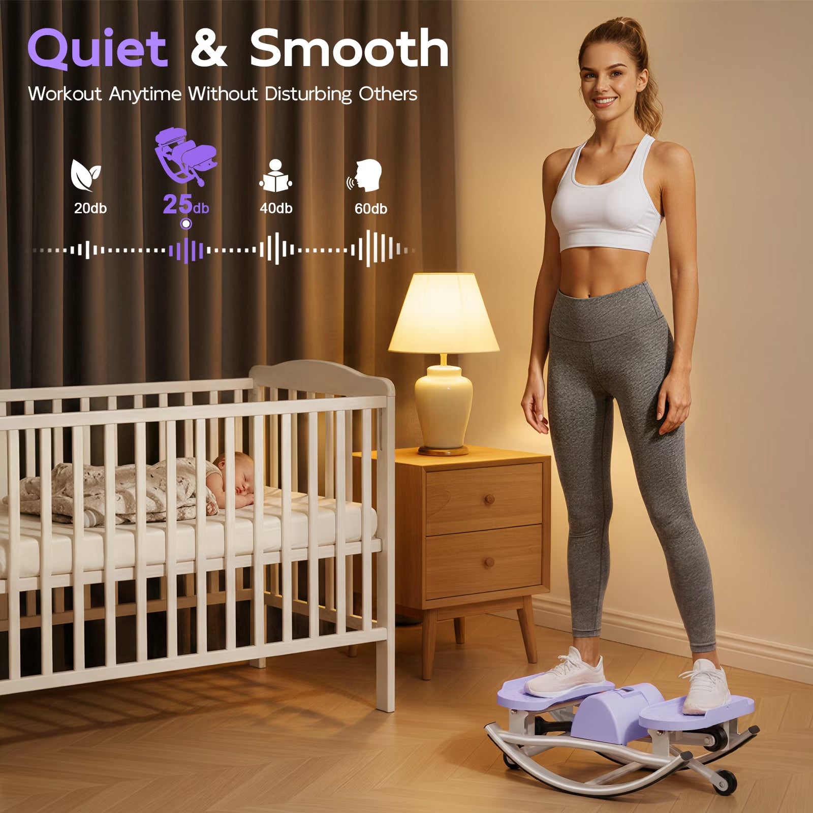 Smart Lateral Rocking Fitness Stepper, Low-Impact Portable Exercise Stepper ,Rock Stepper Machine with Digital Monitor, Resistance Bands & Floor Mat, Purple