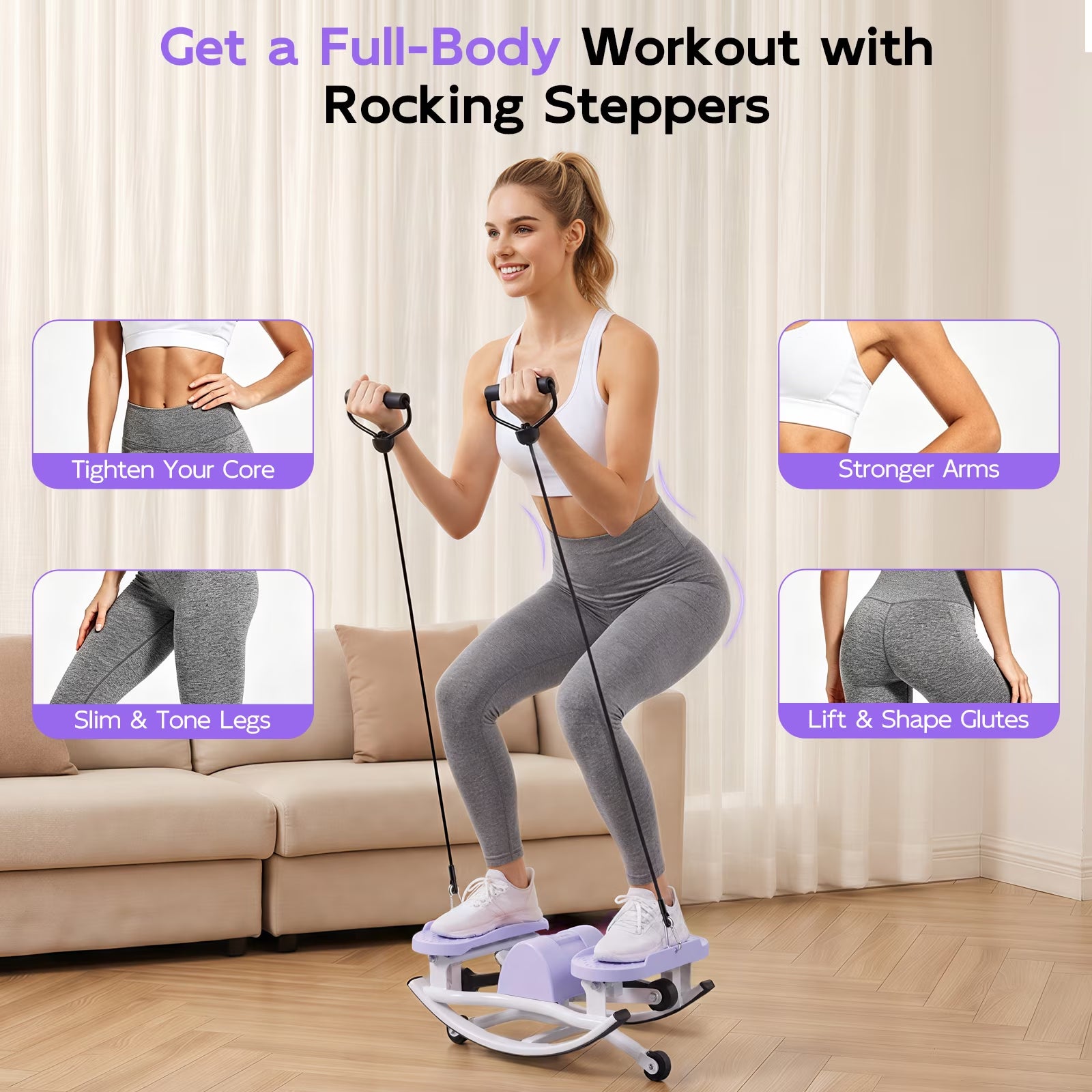 Smart Lateral Rocking Fitness Stepper, Low-Impact Portable Exercise Stepper ,Rock Stepper Machine with Digital Monitor, Resistance Bands & Floor Mat, Purple